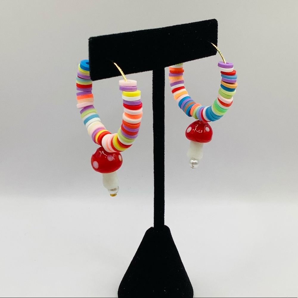 🧡NEW! Earrings Heishi Glass Mushroom Charm Hoop Gold Tone Multicolor